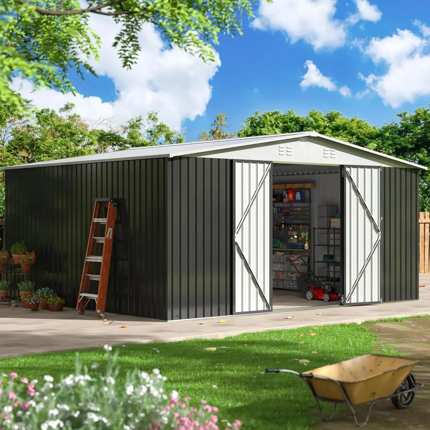 12x14 FT Outdoor Storage Shed, Metal Garden Shed with Lockable Doors, Waterproof Tool Shed for Backyard