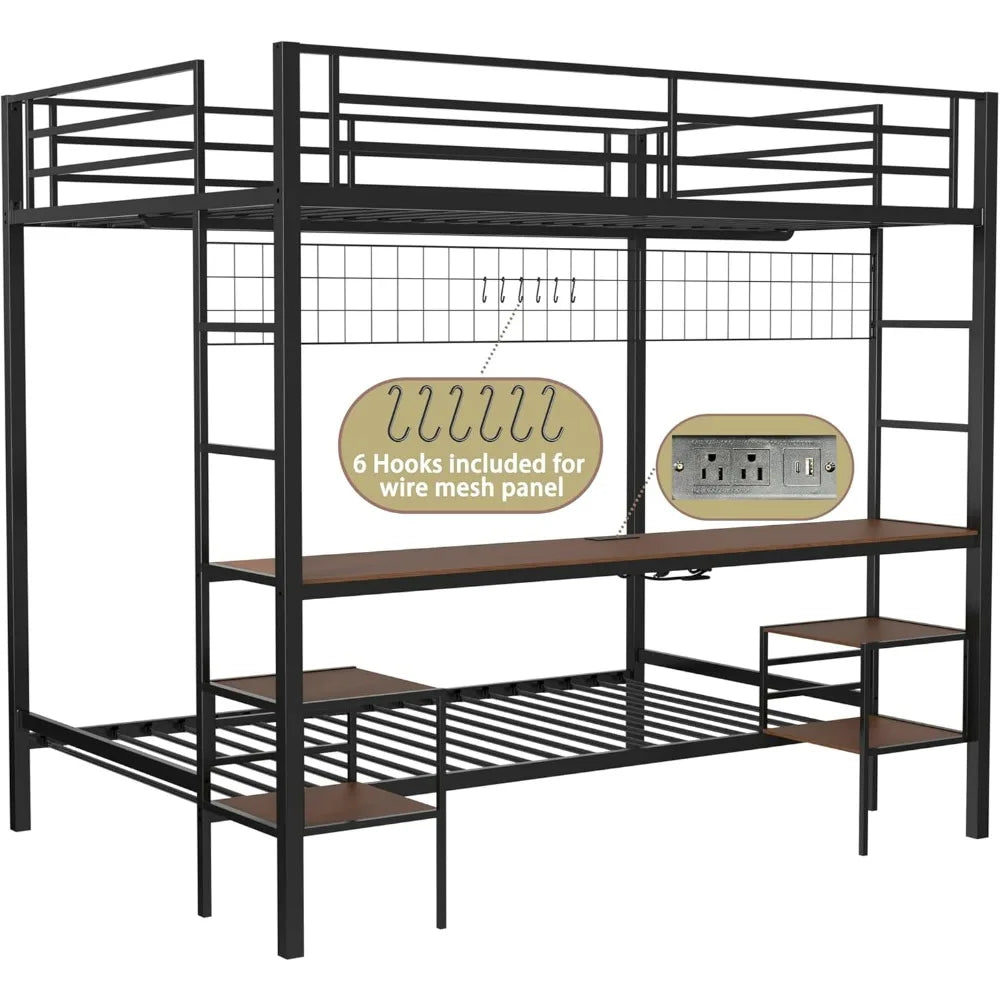 Twin-Over-Full Bunk Bed with Desk, Loft Bed with Desk and Storage, Metal Twin Bunk Beds with Charging Station