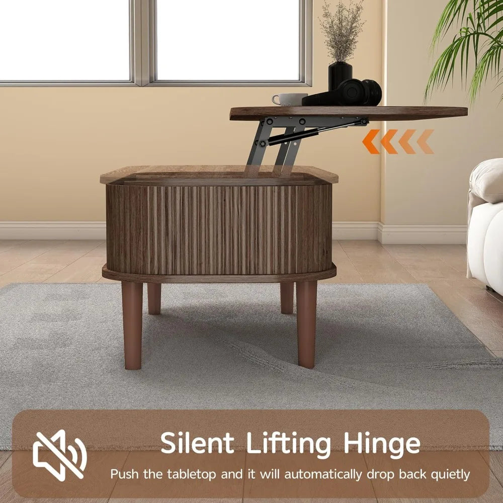 Coffee Table, Fluted Lift Top Coffee Tables for Living Room, Center Tables with Hidden Compartment, Modern Oval