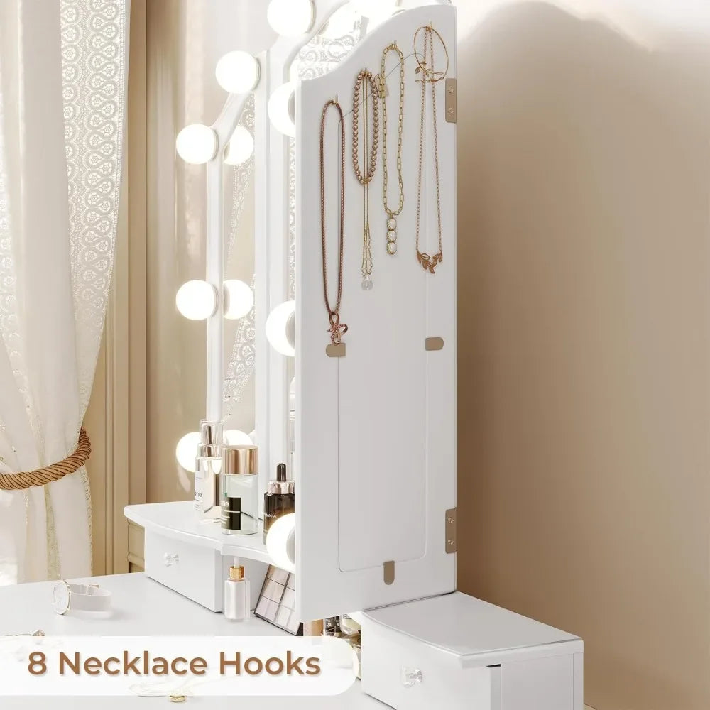 New Vanity Table Set with Lighted Tri-Folding Mirror, Makeup Vanity with Lights & 3 Color Lighting Modes, Vanity Desk/ Mirror