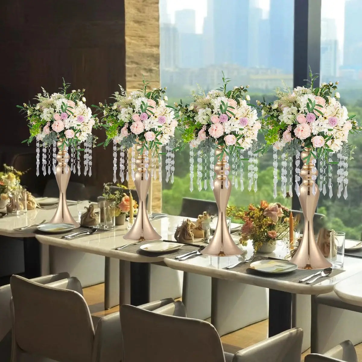 8 Pcs Gold Metal Flower Stands with Crystal Beads Wedding Centerpieces for Tables Party/ Centerpiece Vases /Celebration Home Decor