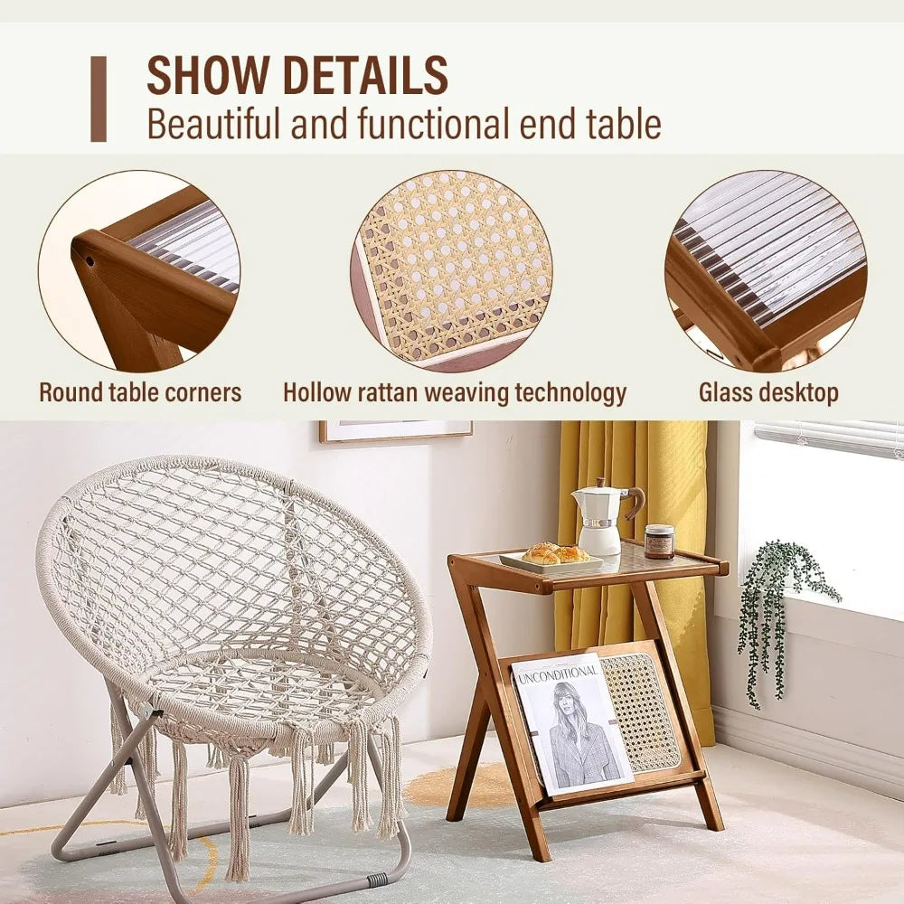 Mid-Century Bamboo Side Table, Rattan Nightstand Accent, Bohemian Wood End Table with Glass Top