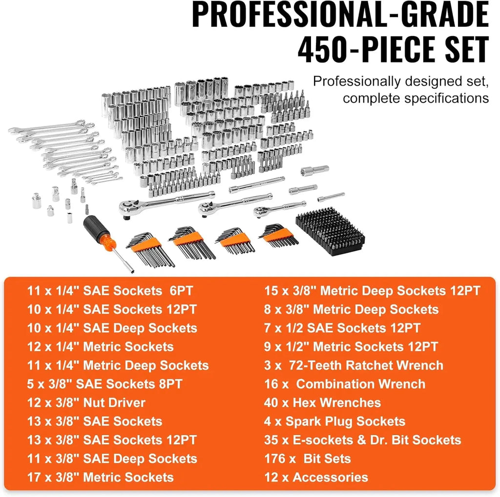 Mechanics Tool Set and Socket Set, 1/4" 3/8" 1/2" Drive Deep and Standard Sockets, 450 Pcs SAE and Metric Mechanic Top