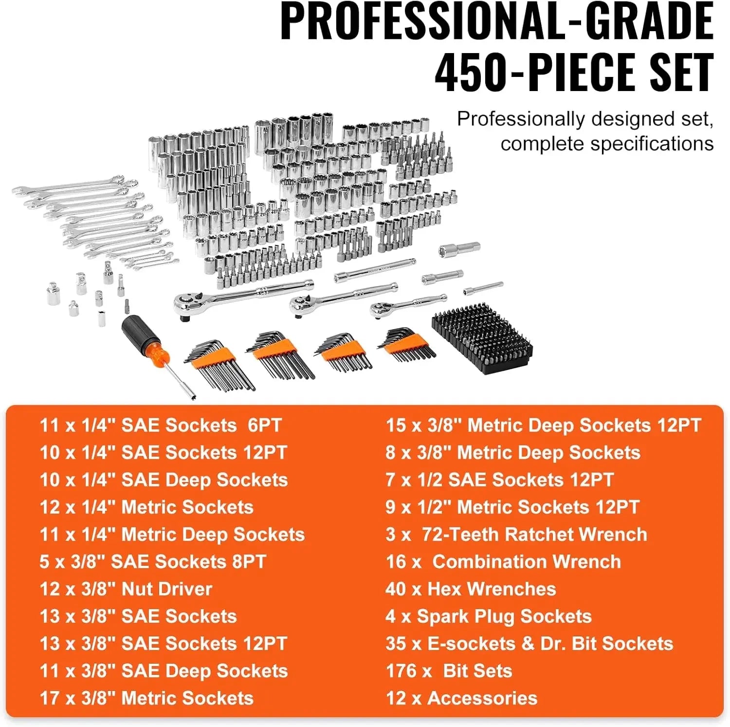 Mechanics Tool Set and Socket Set, 1/4" 3/8" 1/2" Drive Deep and Standard Sockets, 450 Pcs SAE and Metric Mechanic Top