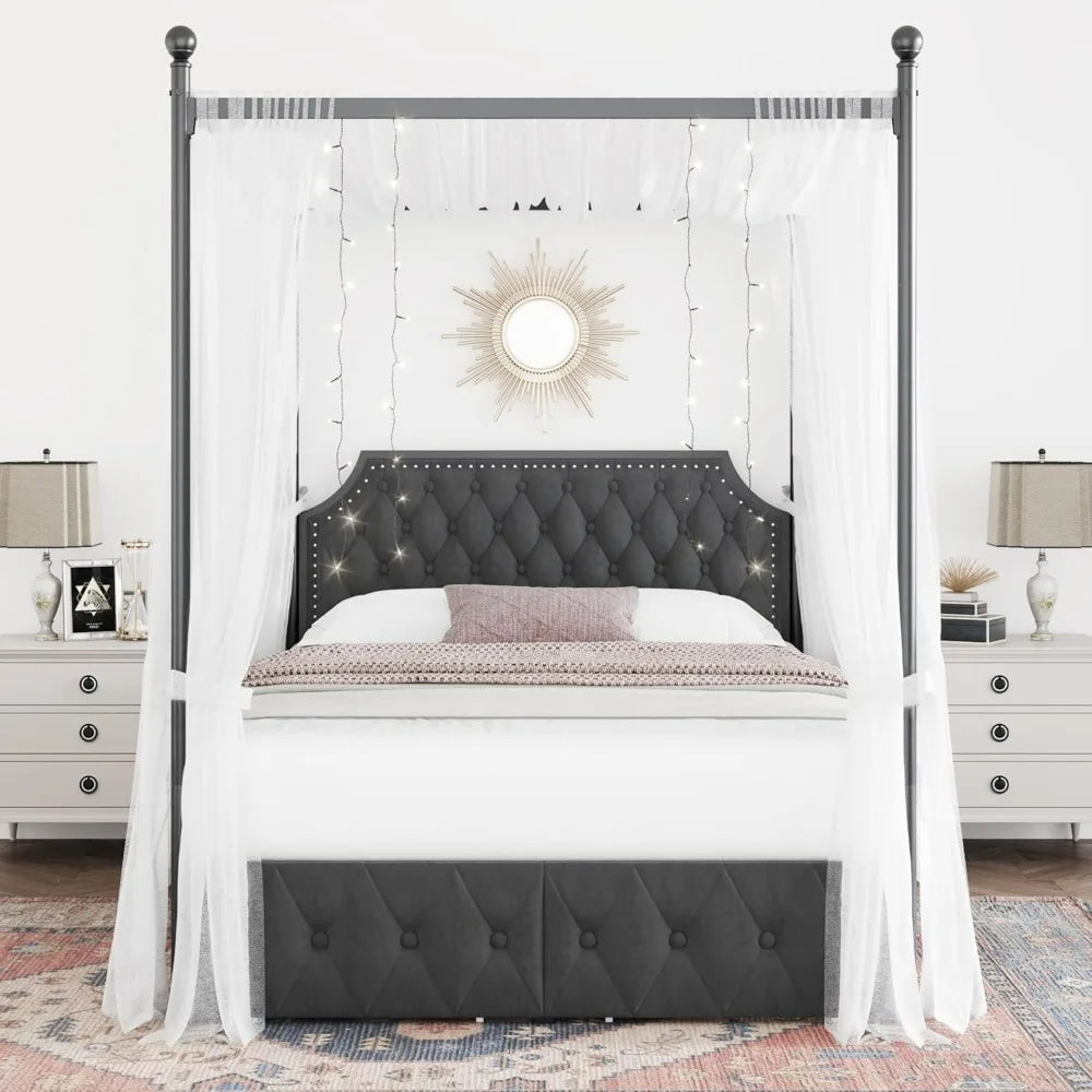 Queen Size Upholstered Canopy Bed Frame with Button Tufted Headboard, Metal Platform Base, and 2 Storage Drawers