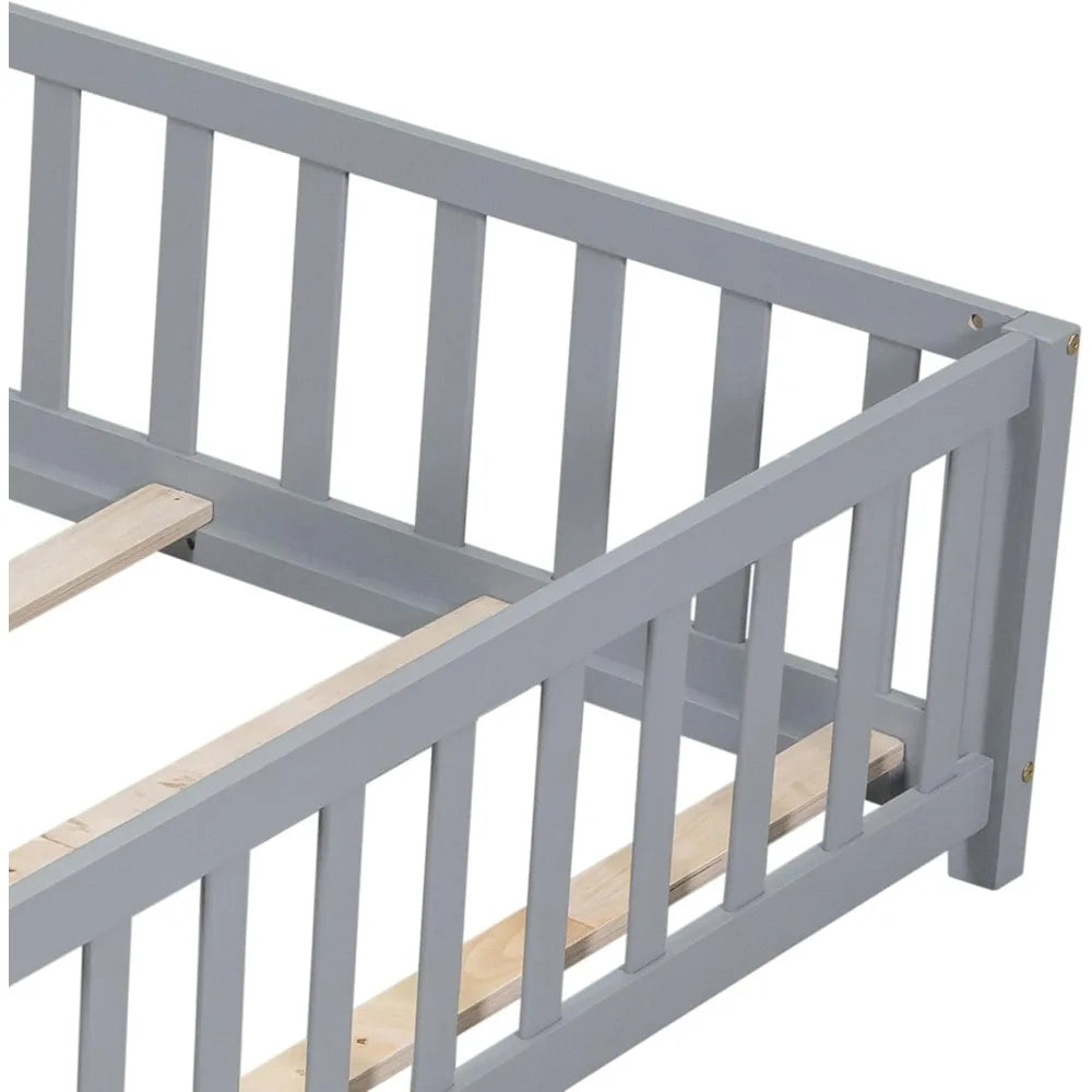 Wooden Full Size Floor Bed Frame with Fence And Door for Kids/ Toddler Bed with Support Slats Girls Boys