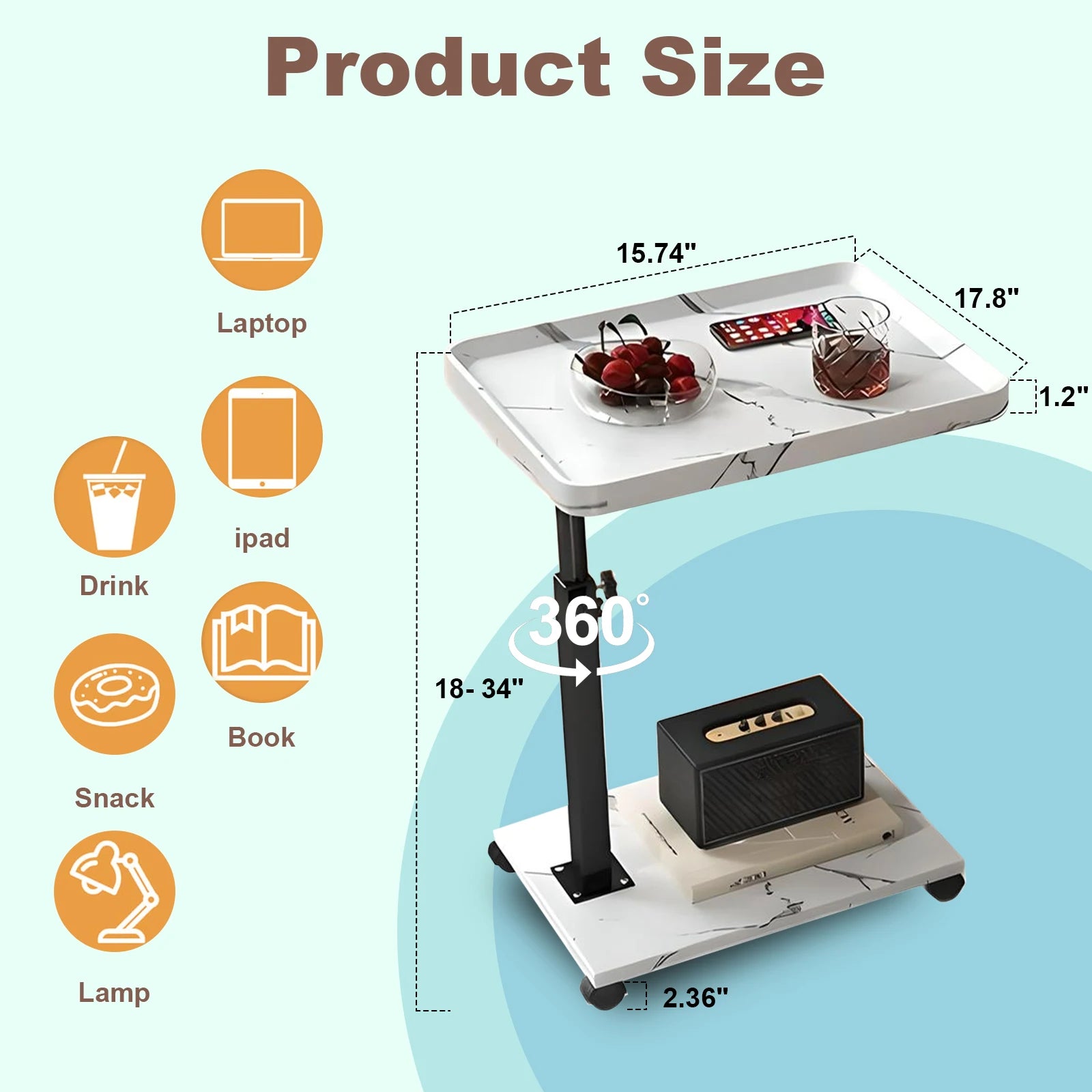 End Table Adjustable Height 360° Swivel TV Tray Couch Tables That Slide Under, Side Tables with Wheels For Sofa, Bed, Chair