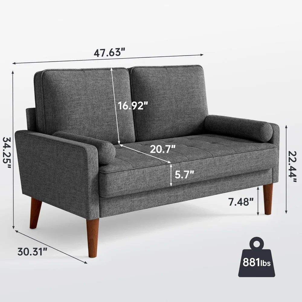 48" Sofa Loveseat, Mid Century Couch for Small Spaces, Bedroom and Living Room, Removable Cover Spring Cushions, Solid Wood Fram