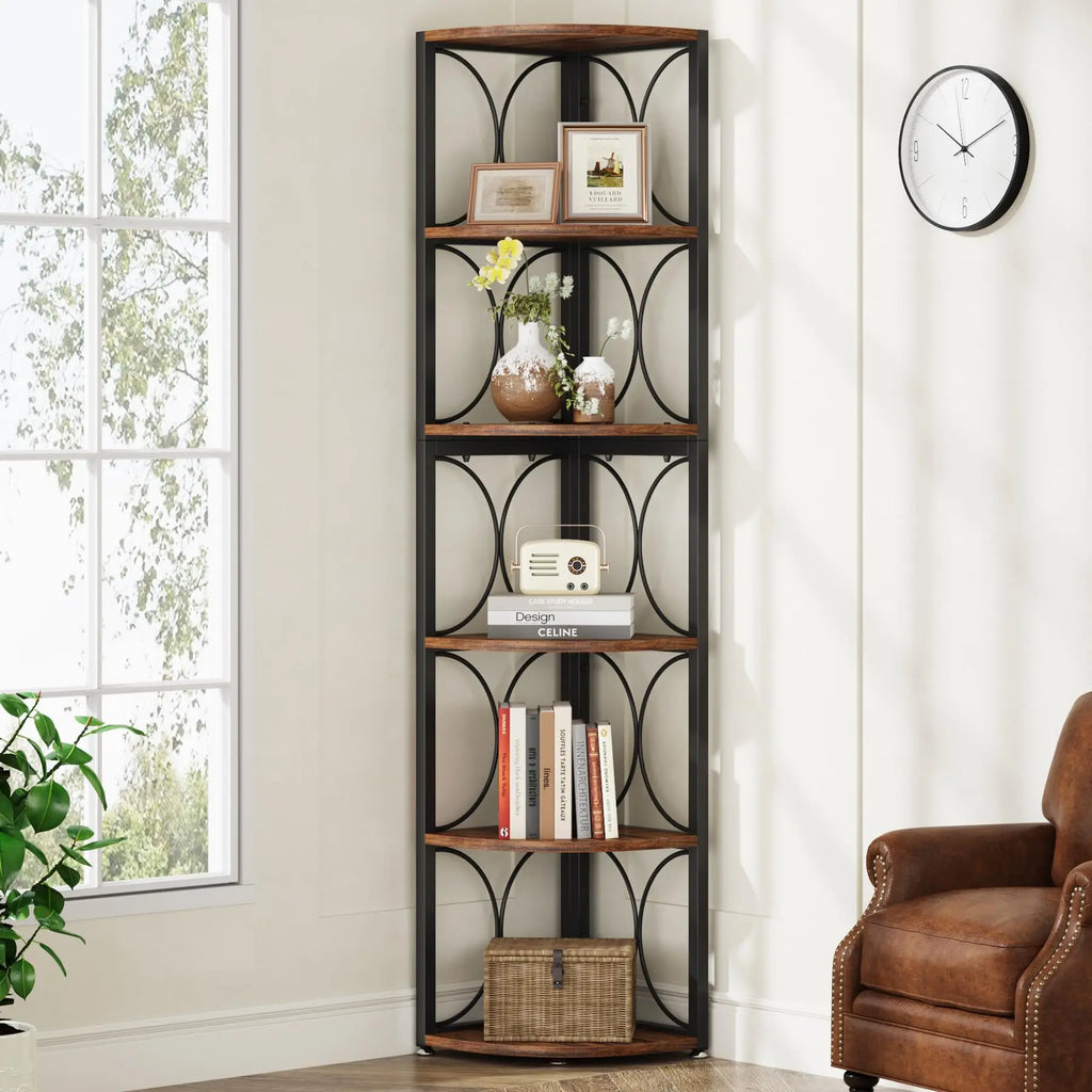 67 inch Tall Corner Shelf, 6 Tier Rustic Corner Bookshelf Bookcase, Storage Rack Standing Shelving Unit