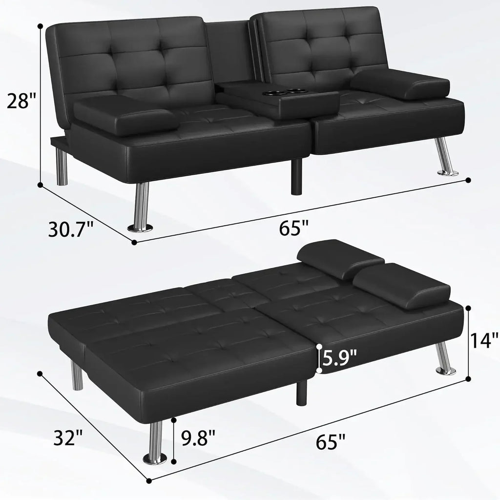 Futon Sofa Bed Modern Folding Futon Set Convertible Recliner Lounge for Living Room with 2 Cup Holders,(PU Leather, Black)