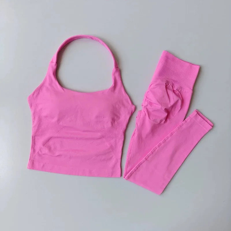Yoga Pants High-Waisted Tummy-Control Hip-Lifting Sports Suit/ Women's Push-Up Shockproof Halter Neck Back-Slimming Fitness Set