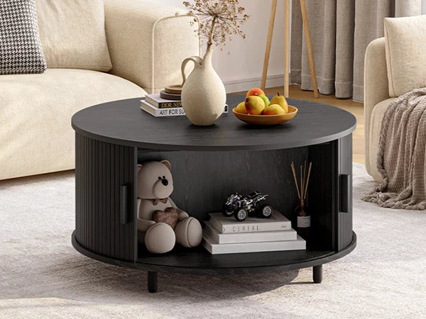 Round Coffee Table with Storage,31.5"/ Modern Coffee Table with 360° Curved Sliding Door, Fluted Wood Accent Coffee Table
