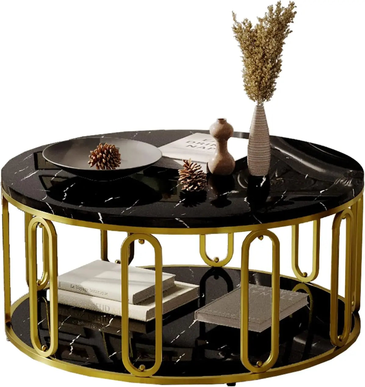 Round Coffee Table, Wooden Marble Pattern Coffee Table with Round Open Storage, Solid Golden Metal Legs for Living Room，Black