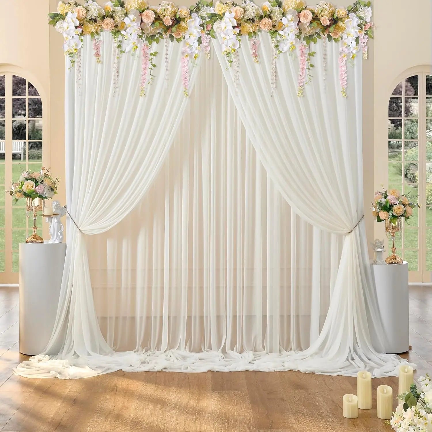 Chiffon Backdrop Curtain Ivory 5ft x 8ft 12 Pieces: Cream Chiffon Curtains Beige Sheer Curtain Backdrop Wedding 60ft x 8ft