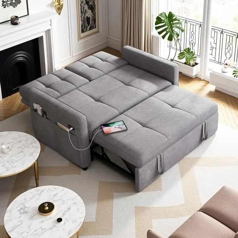 3-in-1 Sleeper Sofa with Pull-Out Bed, Linen Futon Couch with Adjustable Backrest and Side Pocket