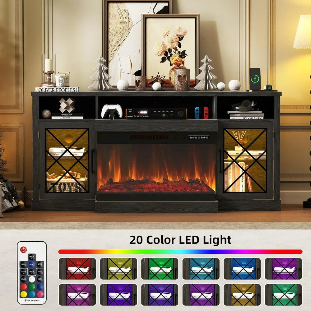 Electric Fireplace TV Stand for 55/65/75 Inch TVs, 3-Sided Glass Fireplace Media Console with LED Lights, Glass Doors, Power Outlets