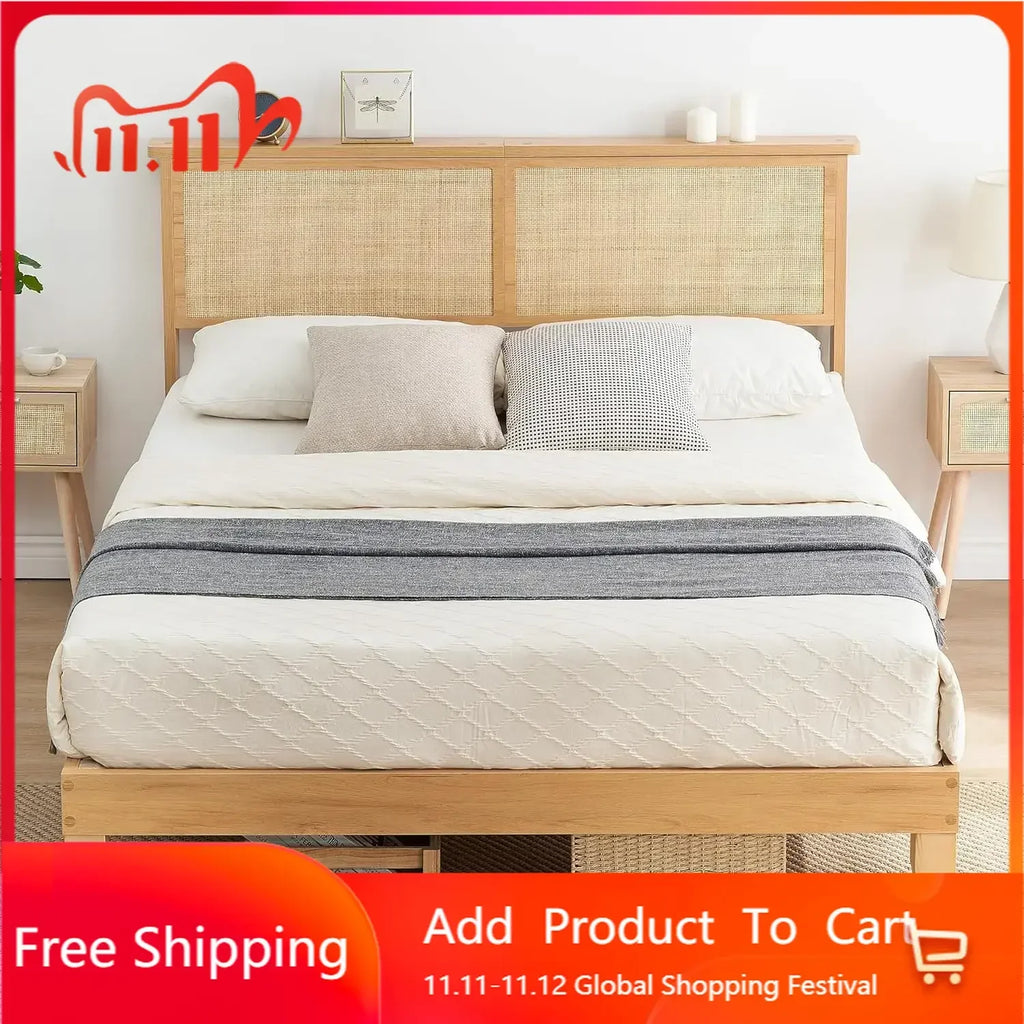 Rattan Bed Frame Queen with Natural Rattan Headboard, Queen Bed Frame with LED Lights, with Headboard, Solid