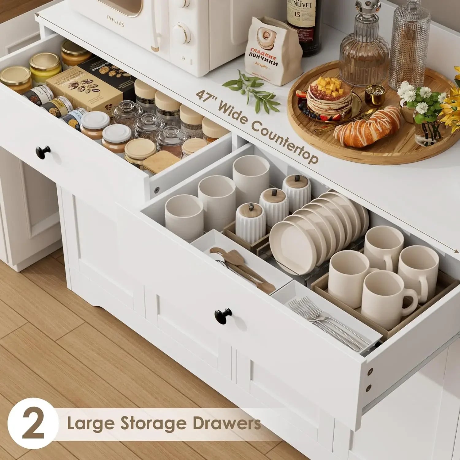 71" LED Kitchen Pantry Cabinet with Power Outlet, Large Kitchen Hutch Storage Cabinet with Arched Door & Shelves, 2 Drawers
