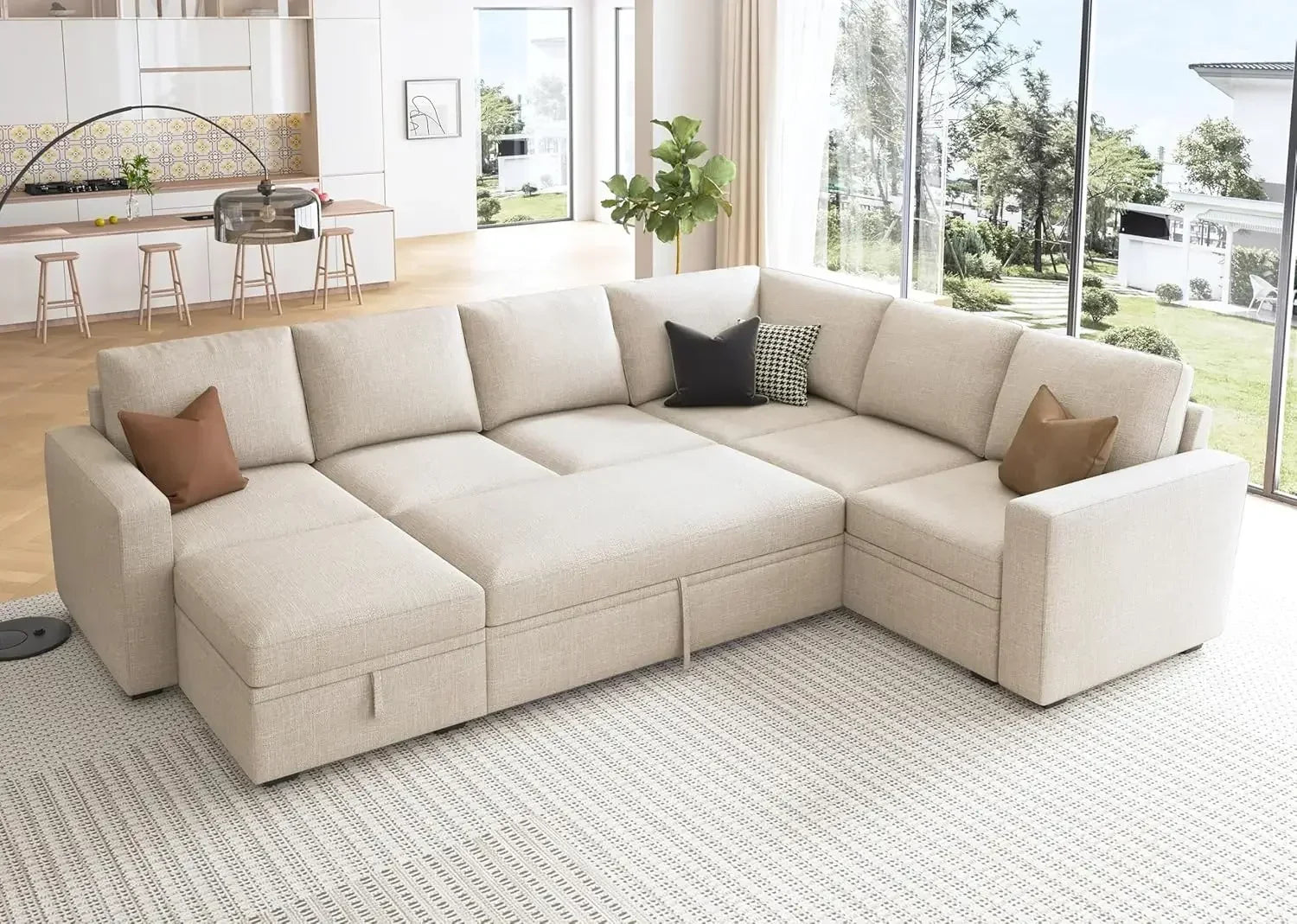 Modular Sectional Sleeper Sofa with Pull Out Bed, U Shaped Sectional Couch with Storage Ottoman, Convertible 7-Seater Sofa,