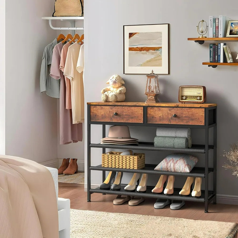 4-Tier Metal Shoe Rack with 2 Drawers and 3 Fabric Shelves for 12-15 Pairs Shoe Storage Organizer