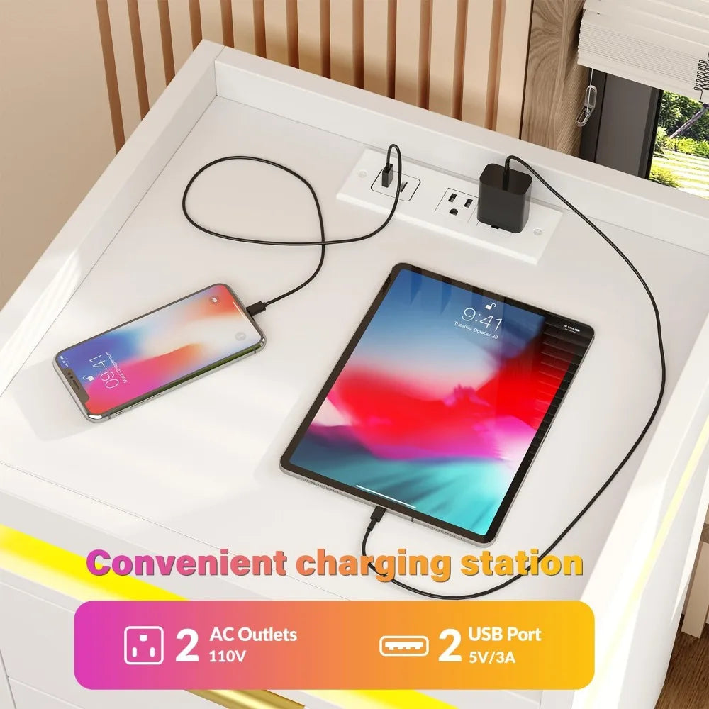 LED End Tables, Set of 2 with Charging Station USB Ports, 3-Drawer Table