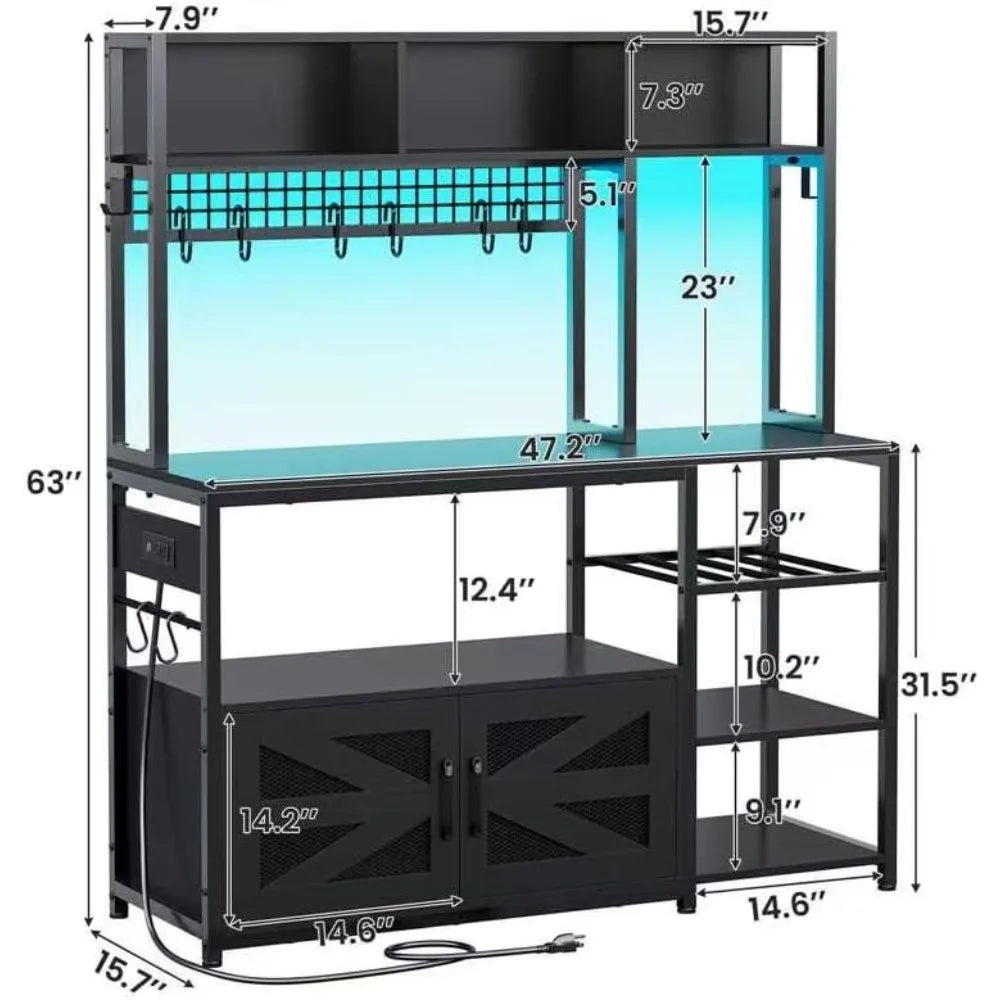 47.2 Inch Bakers Rack with Power Outlet, Microwave Stand with Storage, Farmhouse Coffee Bar Cabinet Station with Wine Rack