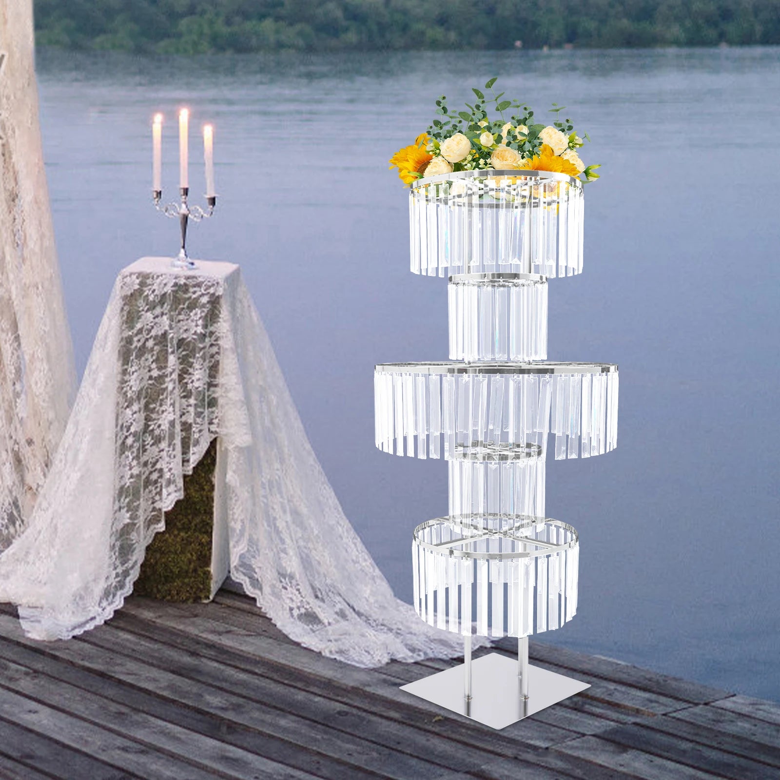 5 Tiers Crystal Flower Stand Gold/Silver 43.3 Inch Height Display Rack Aisle Guide Table Decoration Wedding Centerpiece/ Stand for Party Birthday Coffee Shop