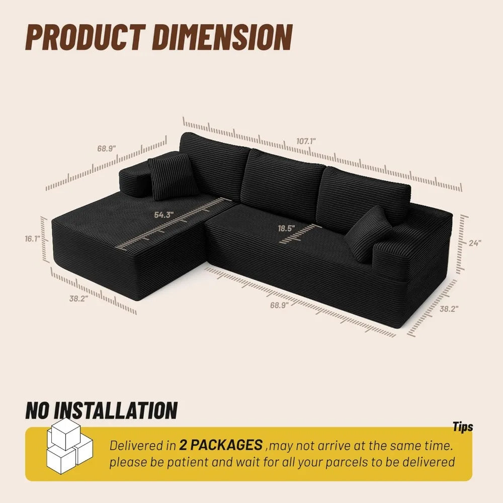 107" Boneless Couch with Deep Seat, Modular Sectional Sofa, Cloud Sectional Couch for Living Room, No Assembly Required, Corduroy