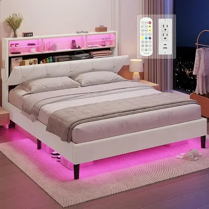 Queen Bed Frame with Storage Headboard and LED Lights, Velvet Upholstered Platform Bed Queen Size with Type-C & USB Chargers