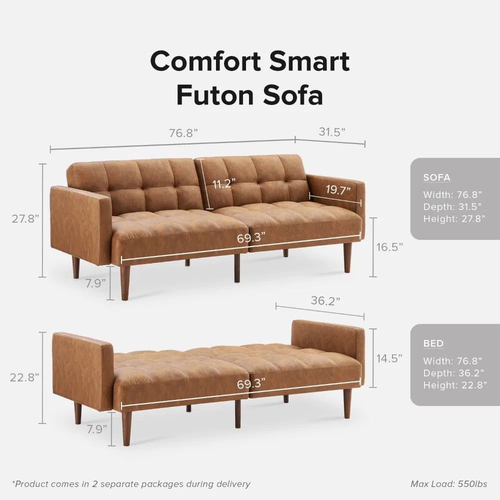 Aaron 76.8" Couch, Small Futon Sofa Bed, Sleeper, Loveseat, Mid Century Modern Futon Couch, Couches for Living Room