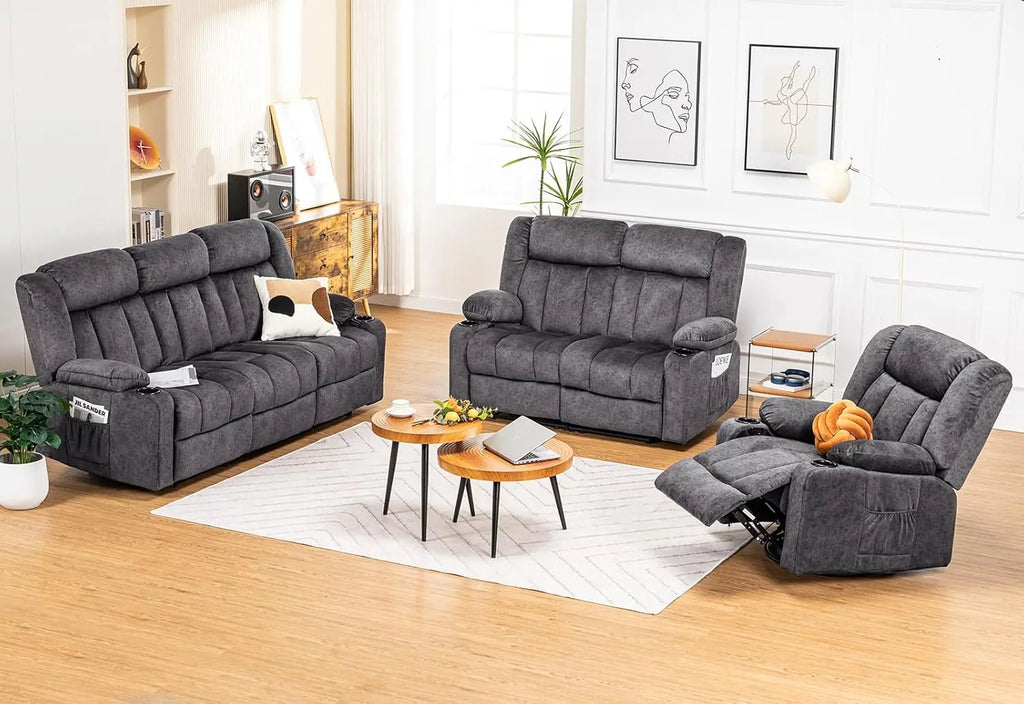 Manual Recliner Chair Set, Fabric Reclining Sofa Chair with Cup Holders, Upholstered Recliner with Side Pockets Suitable