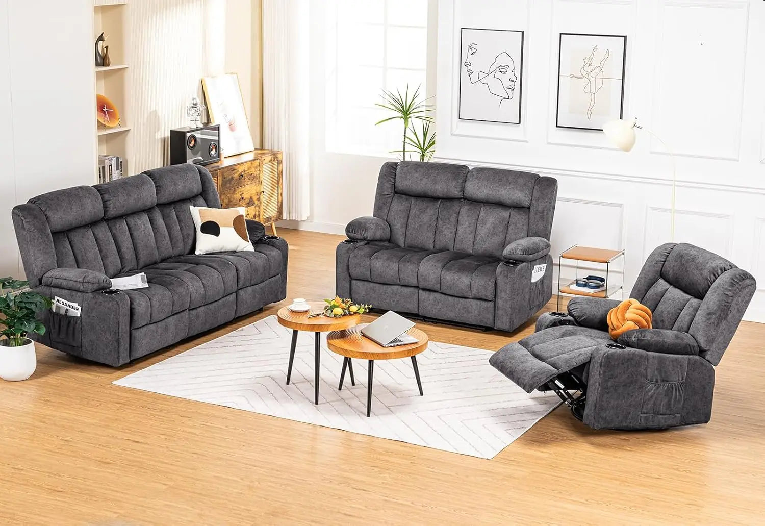 Manual Recliner Chair Set, Fabric Reclining Sofa Chair with Cup Holders, Upholstered Recliner with Side Pockets Suitable