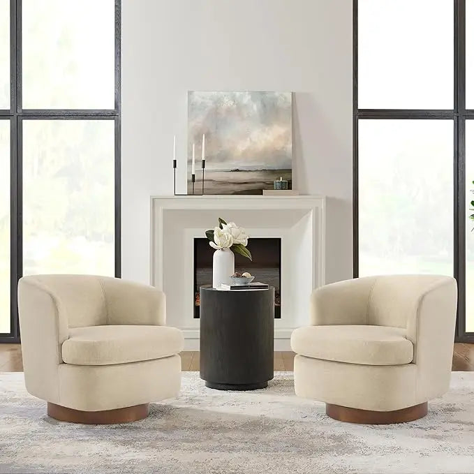 Swivel Accent Chair, Barrel Armchair with Upholstered Performance Fabric and Wood Base for Bedroom Waiting Living Room, 2 PCS