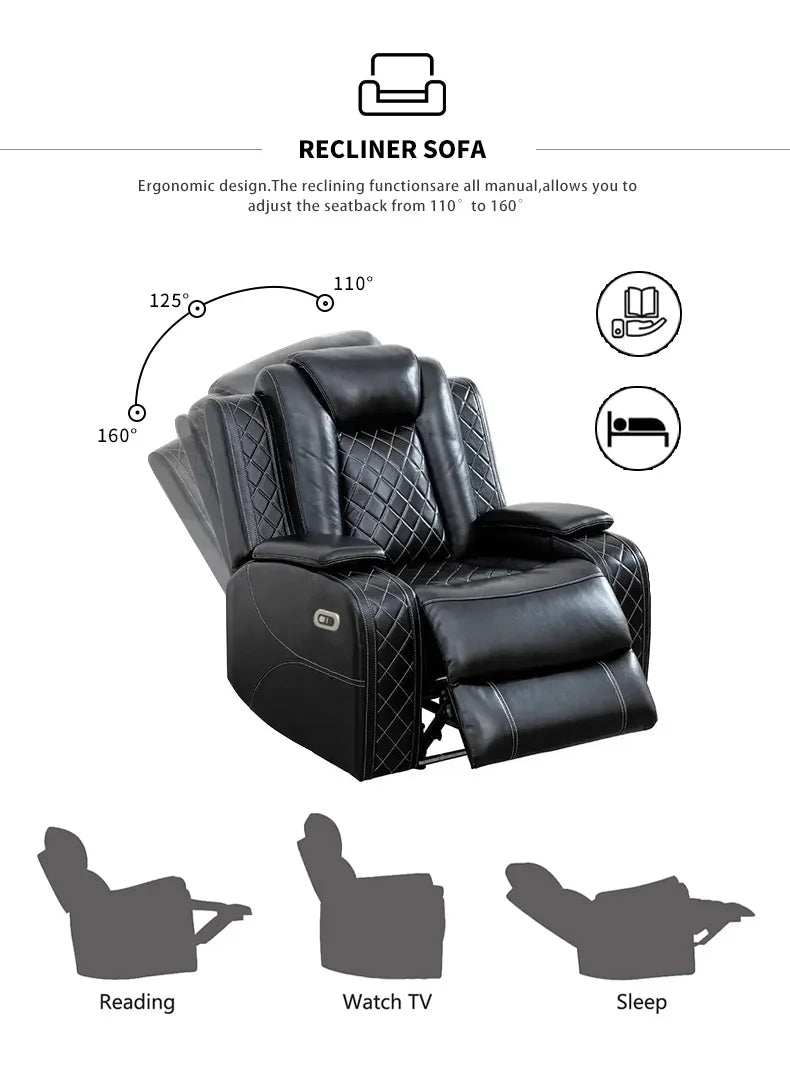 Power Reclining Sofa Couch with Wireless Charger/ 3 Seater Recliner/Reading Light Leather/ Bluetooth Speaker/ Theater Seating LED