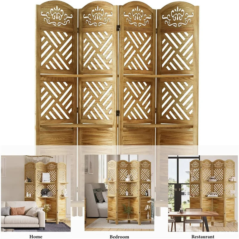 4 Panels Room Divider with Shelves, 5.75ft Tall Folding Wood Carved Screen