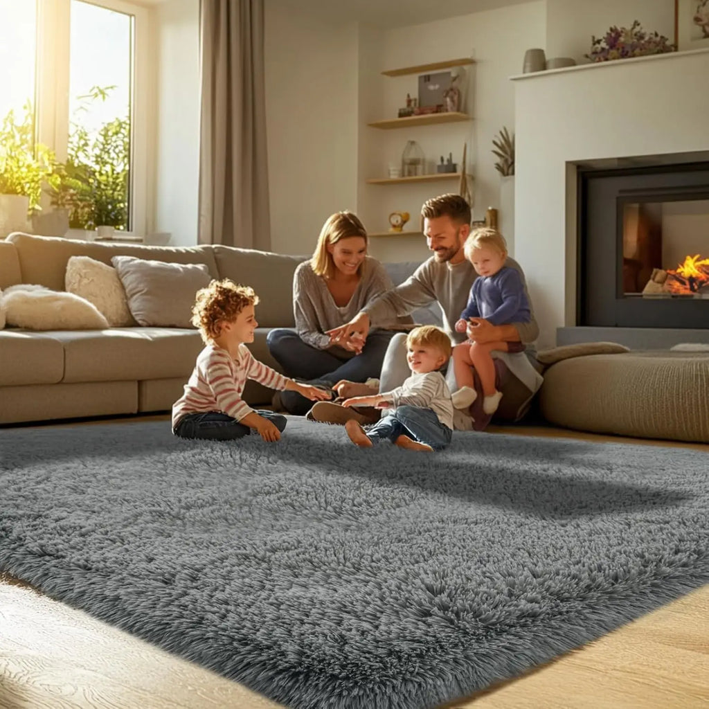 Large Shaggy Grey Area Rug 10'x14' - Super Soft Fluffy Carpet for Living Room, Bedroom, Non-Slip Memory Foam