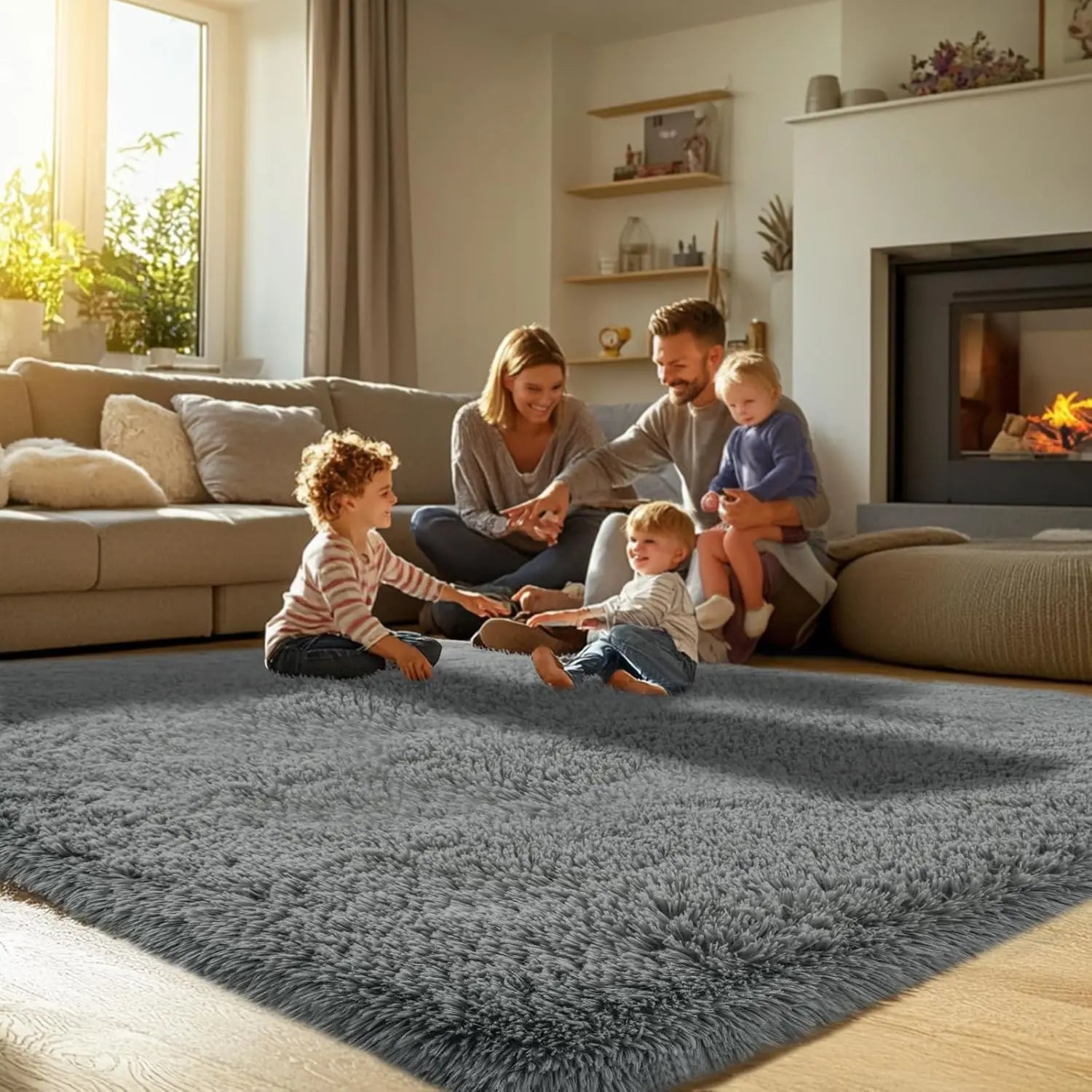 Large Shaggy Grey Area Rug 10'x14' - Super Soft Fluffy Carpet for Living Room, Bedroom, Non-Slip Memory Foam