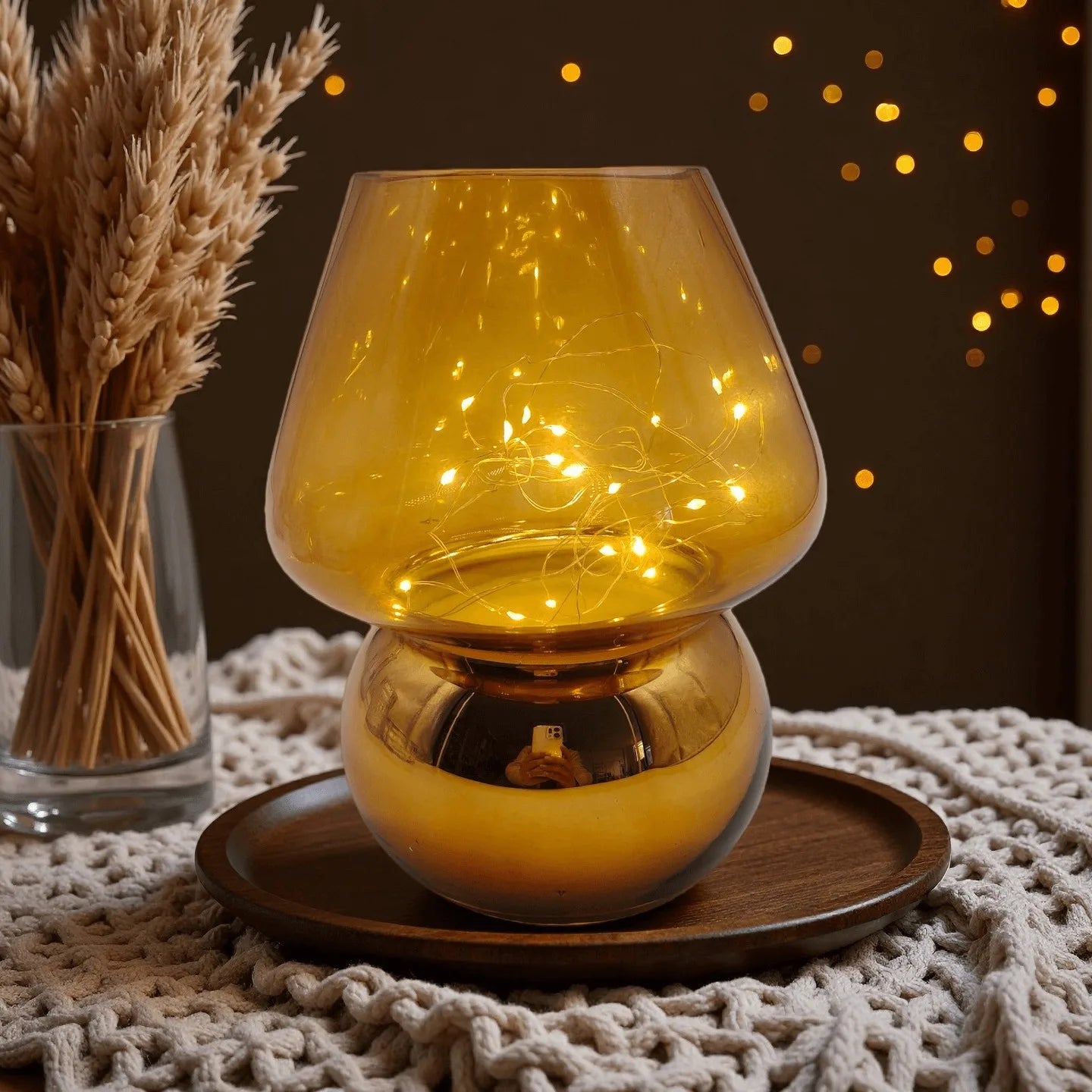 Glass Mushroom Table Lamp/ Battery Operated, Cute Mushroom Shaped LED Fairy Light, Portable Mini Glass Night Light for Bedroom Decor/ Corner Ambient Lighting, Battery Powered (Battery Not Included)