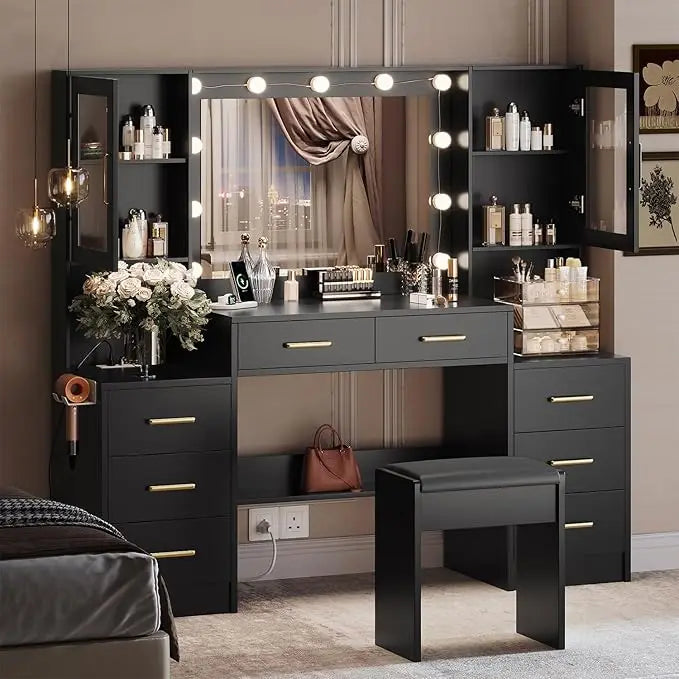 Illuminated Makeup Desk with 58.3" Mirror, Charging Station, and Storage for Beauty Essentials