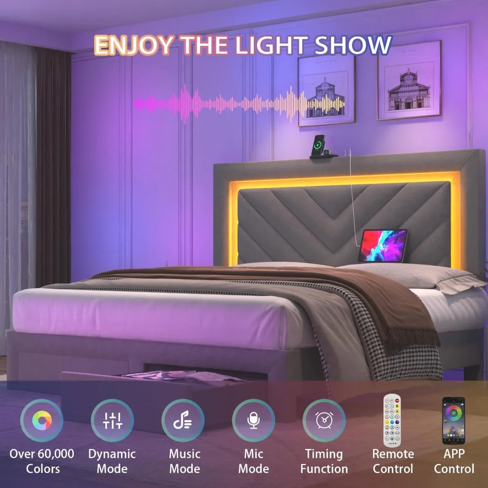 Upholstered Full Bed Frame with LED Headboard and Storage Drawer, with Charging Station,