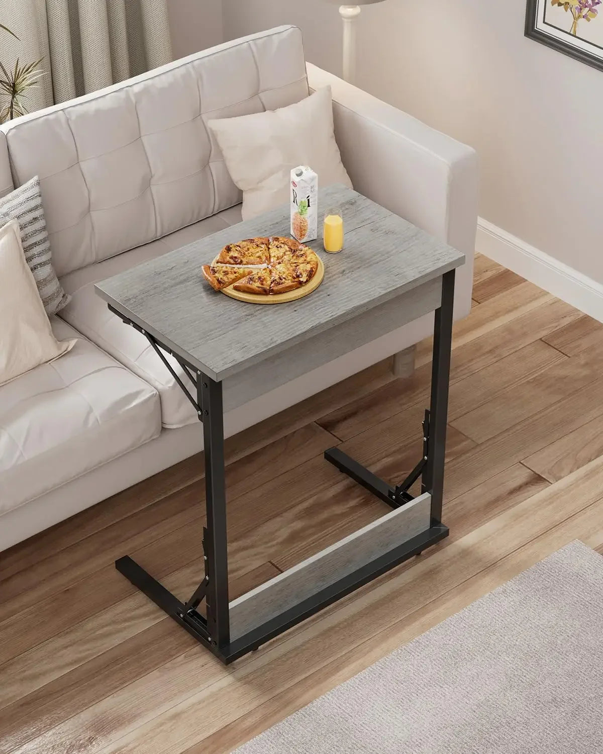 24" Wide Folding C-Shaped End Table, Small Side Desk for Couch, Sofa TV Tray Table with Metal Frame for Living Room, Bedroom