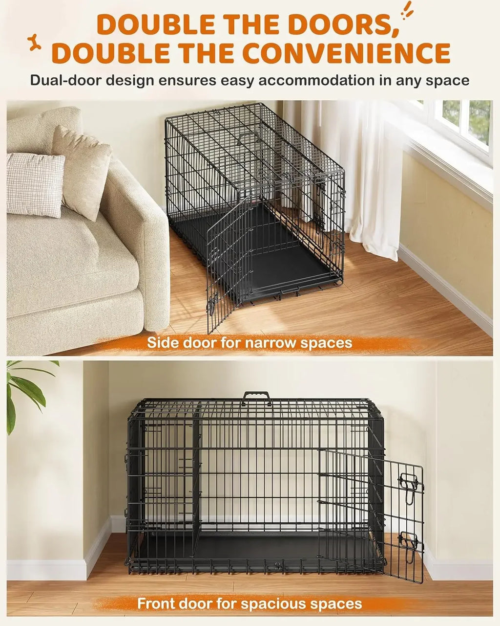 42 inch Dog Crate Double Door w/Divider for Puppy to Adult XL, Collapsible Metal Dog Crate with Removable Tray Wire