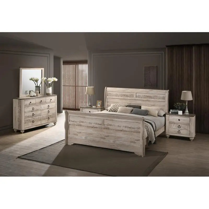 Contemporary White Wash Finish King Sleigh Bed Set with Dresser, Mirror, and 2 Nightstands