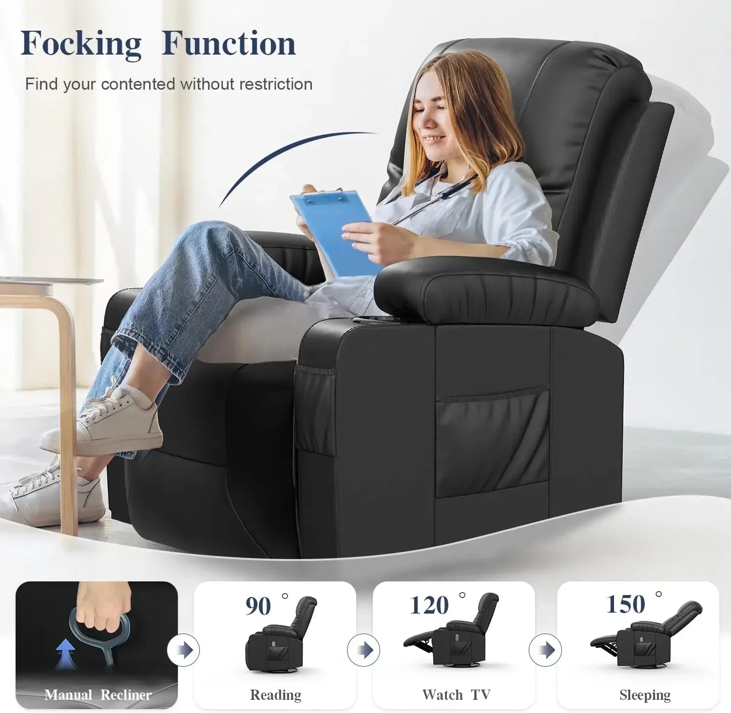 Adult Ergonomic Massage Rocker Chair with Heated Lounge, FSC certified, 360-degree Swivel Single Sofa Seat