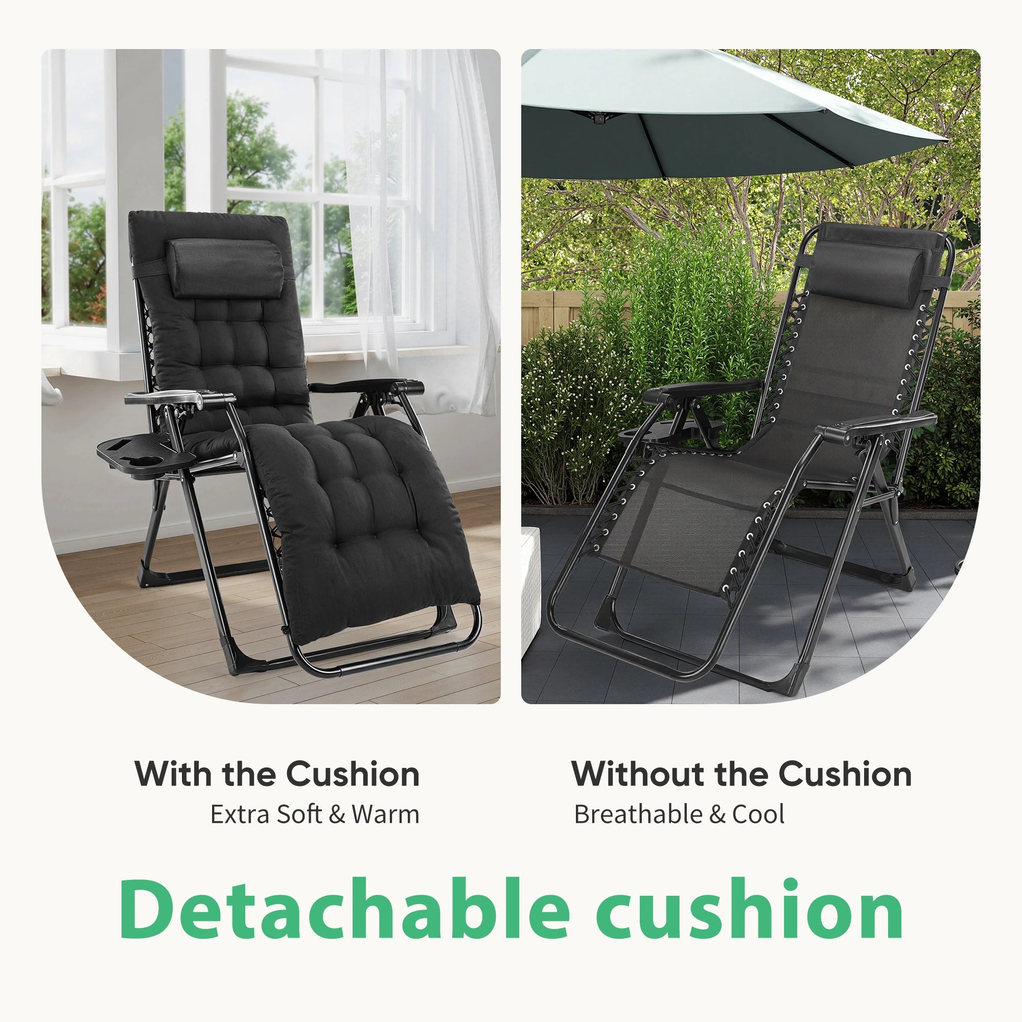 Zero Gravity Recliner/ Camping/ Patio Lounge Chair/ Folding/ Portable with Cup Holder Trays Removable Cushion For Outdoor Garden
