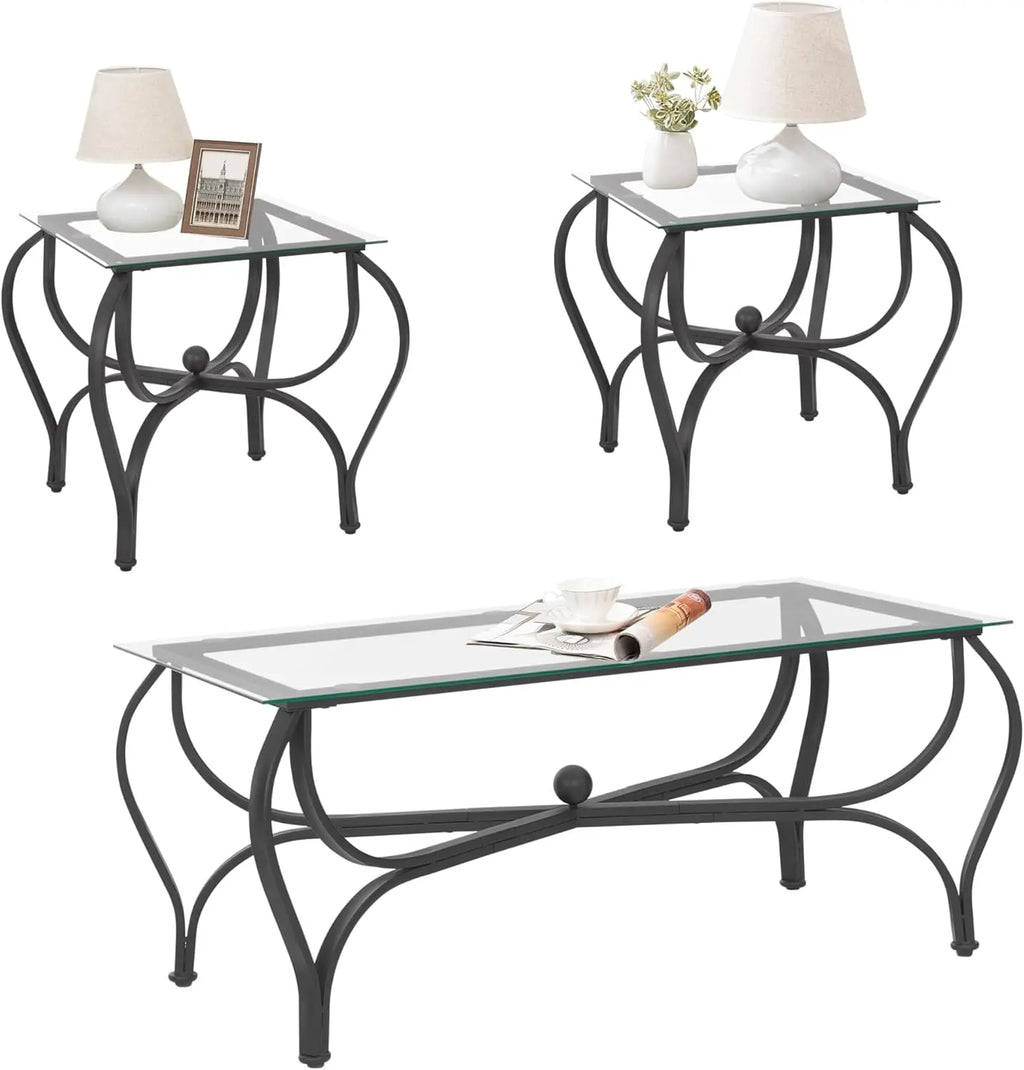 3-Piece Coffee Table Set, Tempered Glass Surface Living Room Sets, Coffee Table & 2 End Side Table, Metal Frame