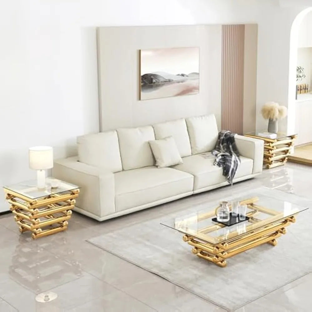 55" Glass Coffee Table, Modern Gold Coffee Table for Living Room, Rectangular Tempered Glass Top with Stainless Steel Legs