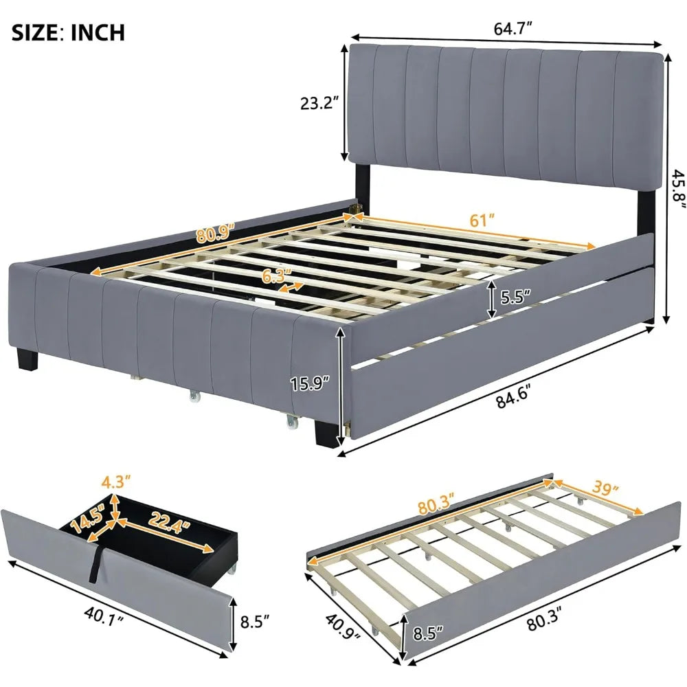 Queen Upholstered Platform Bed with Storage Drawers and Twin XL Trundle, Wooden Bed Frame, No Box Spring Needed