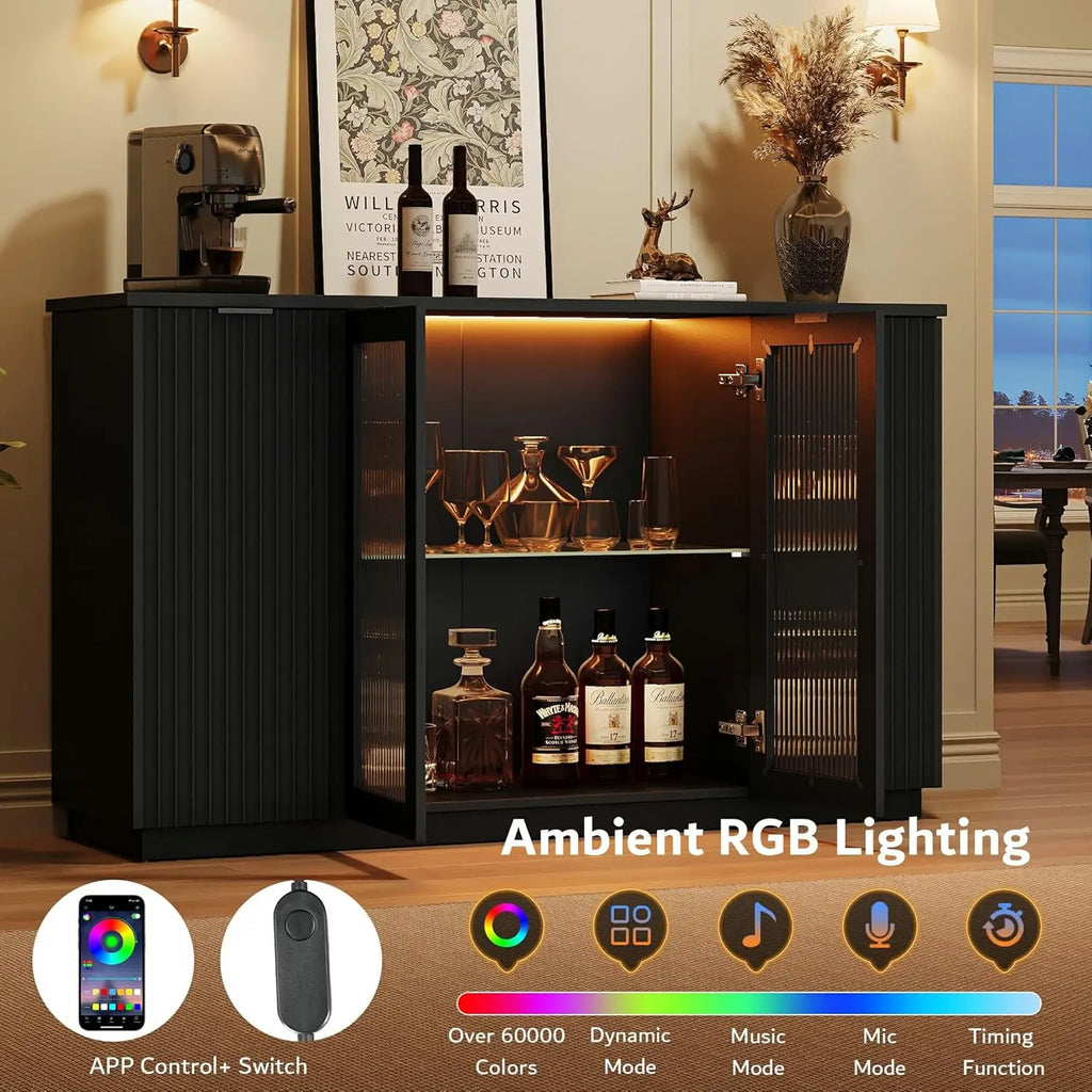 55" Black Sideboard Buffet Cabinet with Glass Doors LED Lights Adjustable Shelves for Kitchen Living Room, Customized