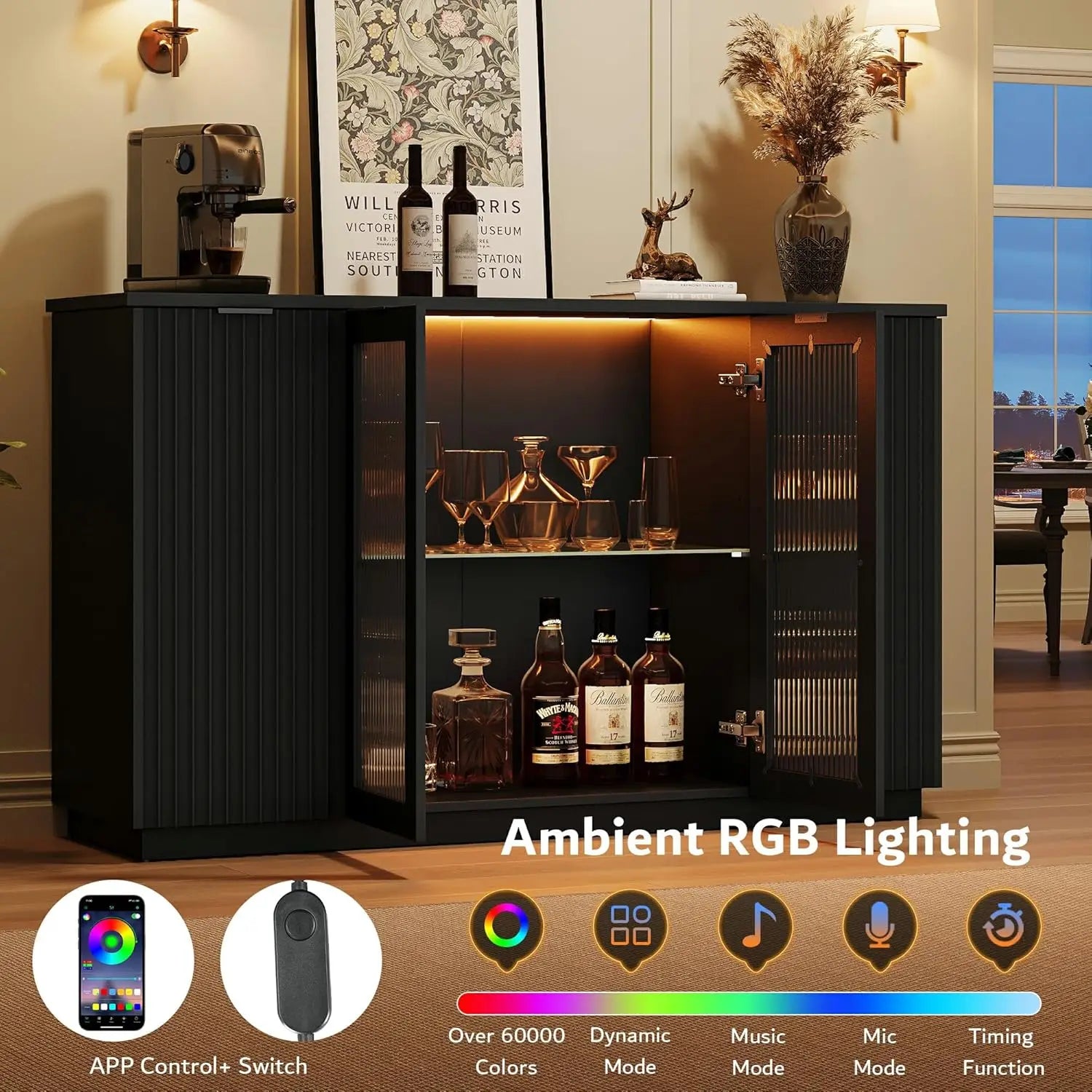 55" Black Sideboard Buffet Cabinet with Glass Doors LED Lights Adjustable Shelves for Kitchen Living Room, Customized